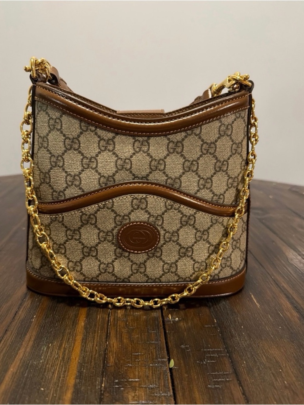 Gucci Beige GG Azalea Retro  Shoulder Bag with Brown Trim and Gold Chain